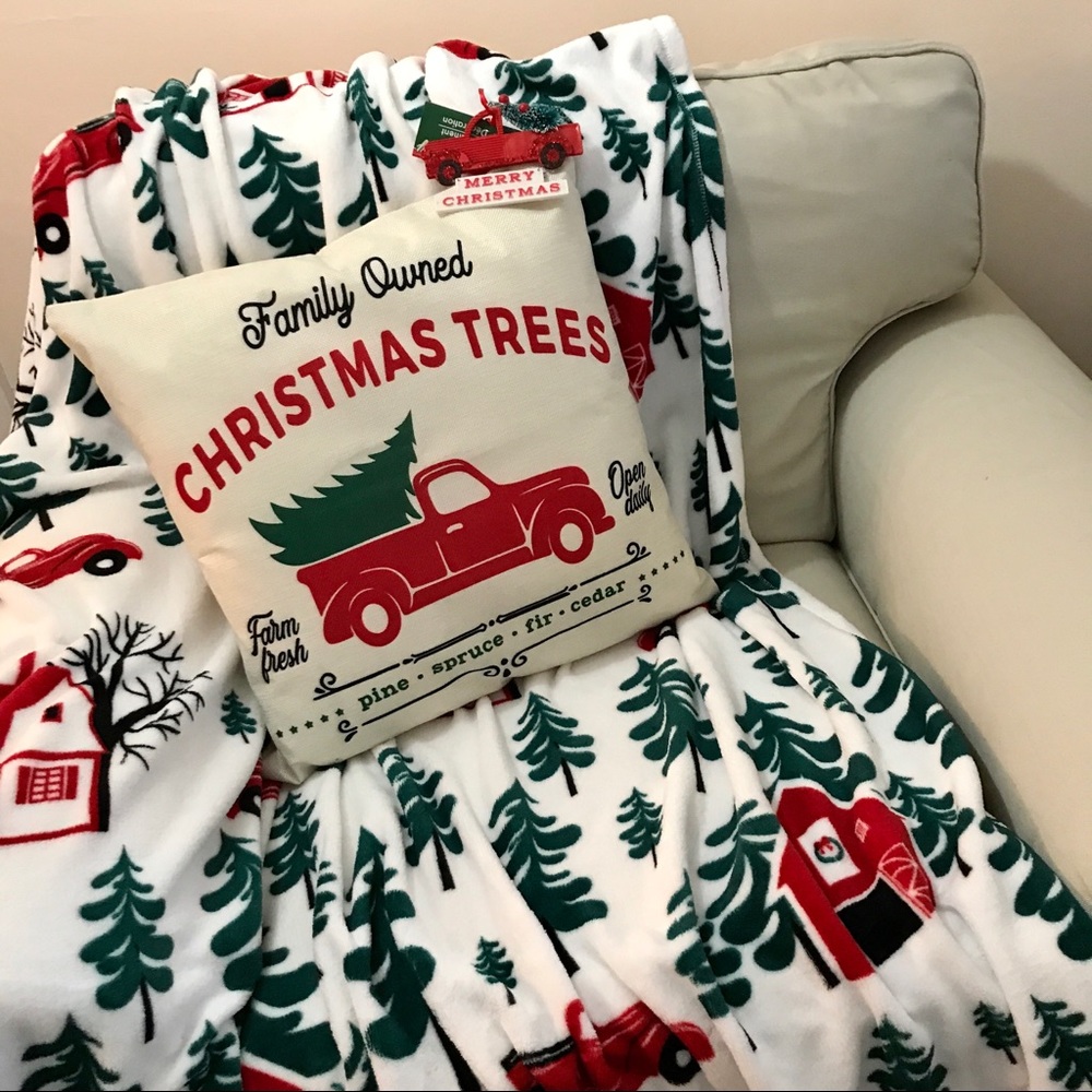 Vintage Farmhouse Style Christmas Throw  Pillow Cover & Ornament Red Truck